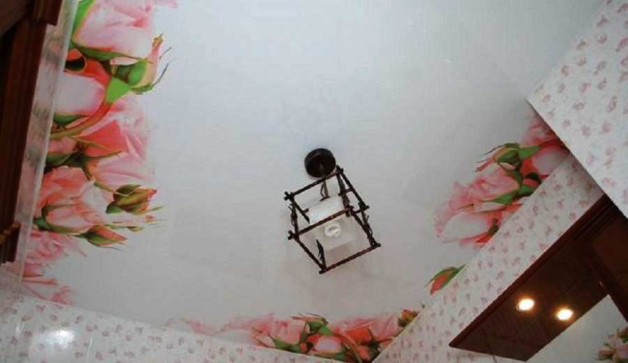 Фотография натяжного потолка с фотопечатью. Рисунок «Цветы по краю»